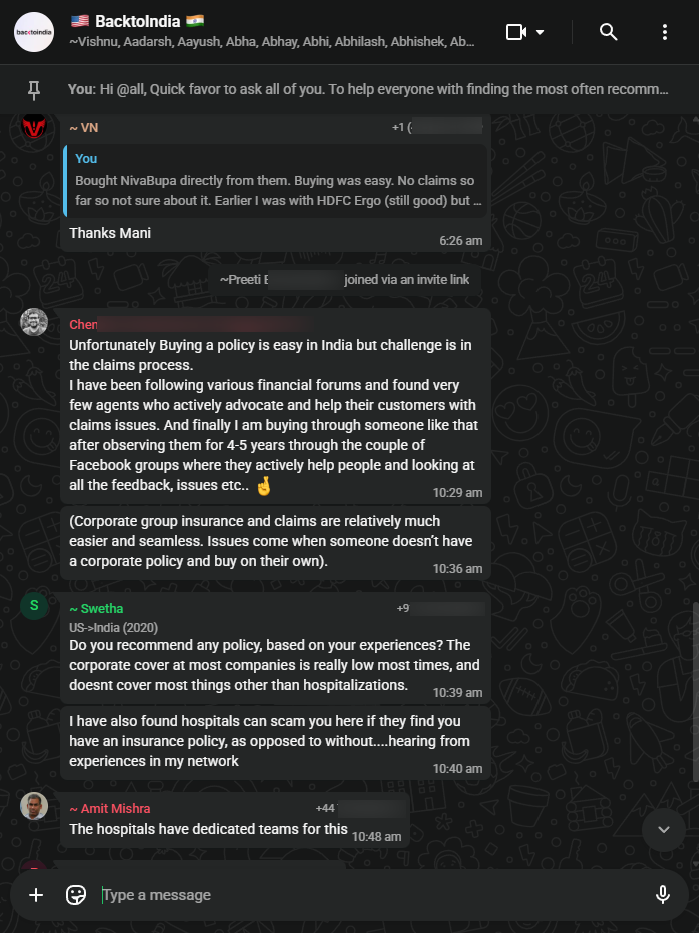 WhatsApp group chat where a member asks for health insurance policy recommendations, saying corporate cover is usually low and does not cover most things.