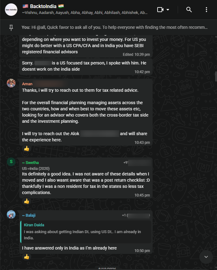 WhatsApp group chat where a member asks for an advisor who covers cross-border tax and investment planning across the US and India, with replies and thumbs-up reactions.